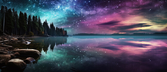 Crystal clear lake photography night galaxy view. - obrazy, fototapety, plakaty