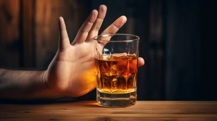 Fotobehang man refuses say no and avoid to drink an alcohol whiskey , stopping hand sign male, alcoholism treatment, alcohol addiction, quit booze, Stop Drinking Alcohol. Refuse Glass liquor, unhealthy, reject © pinkrabbit