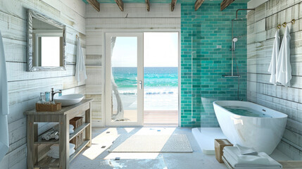 A modern beach house bathroom with whitewashed wood paneling, a walk-in shower with turquoise tile walls, and a freestanding bathtub overlooking the ocean