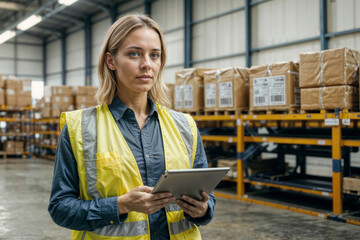 A woman in a yellow vest stands in front of a stack of boxes at stock. She is holding a tablet in her hand