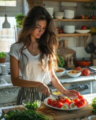 Charming female cook in the kitchen: capturing the grace and skill of a woman passionate about culinary arts, celebrating the artistry and creativity of cooking in a warm and inviting atmosphere.