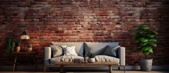 The living room features a charming brick wall with a comfortable couch, creating a cozy...