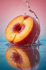 Cut peaches falling to the surface of the water