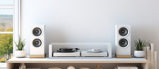 A white, sleek shelf displaying speakers next to a modern record player in a stylish interior setup