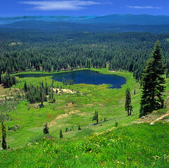 Lassen Volcanic National Park, CA, USA - Volcanic landscape with a lake