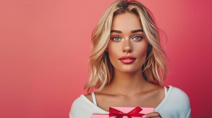 A stunning portrait capturing a beautiful blonde woman who is ready to party, holding a birthday gift box against a vibrant pink backdrop. - obrazy, fototapety, plakaty