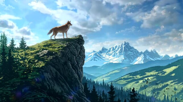 Mountain Majesty: A Lone Wolf Standing Proud Atop a Majestic Cliff. Fantasy landscape anime or cartoon style, looping 4k video animation background