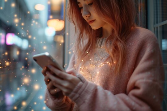 Young woman using smartphone standing in front of window with lights in cozy room at night