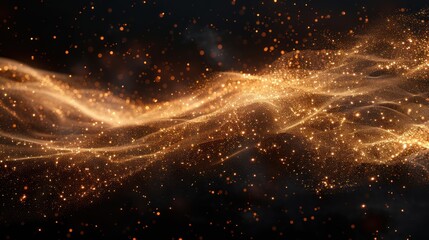 A Golden wave motion of particles of gold stars on a black background