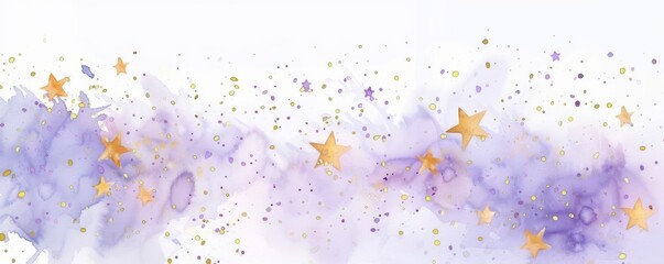 Fototapeta premium Background with watercolor paint splashes in purple color and golden stars.