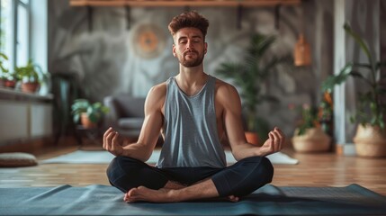 A Young man with closed eyes practicing yoga meditating in lotus pose at home - obrazy, fototapety, plakaty