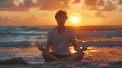 A Young man with closed eyes practicing yoga sit meditating in lotus pose at the beach at sunset time - obrazy, fototapety, plakaty
