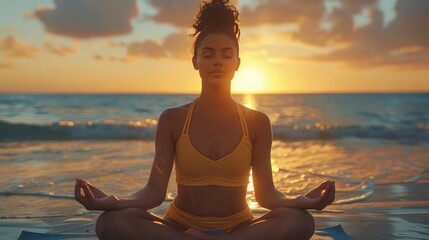 A Young woman with closed eyes practicing yoga meditating in lotus pose at the beach in sunset