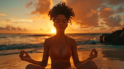 A Young woman with closed eyes practicing yoga meditating in lotus pose at the beach in sunset - obrazy, fototapety, plakaty