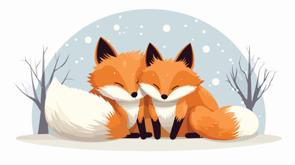 Adorable Fox Couple Cuddled Up in Winter Flat vector
