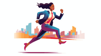 Fototapeta na wymiar African businesswoman running on raising graphic Flat