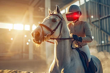Poster An equestrian event where riders use augmented reality helmets, showing vital stats processed by CPUs, to navigate courses designed with input from semiconductor-enhanced systems © weerasak