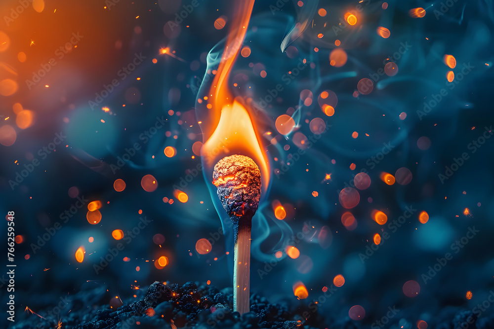 Canvas Prints A burning match with a bright flame on an abstract background and bokeh of sparks. Concept: Fire danger, Idea and inspiration, fire safety. Banner with copy space