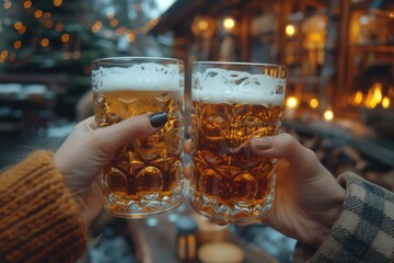 Toasting glasses of beer with flare light