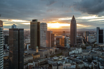 Frankfurt is the only skyline in Germany. Backlight for sunset with a great sky and lighting in the houses. High-Rise Buildings, City Recording and Financing