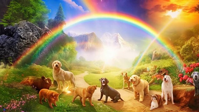 Pets play in a beautiful fairy garden filled with rainbows, clouds, and sunshine, creating a paradise for both dogs and cats. Even after death, animals believe in the continuation of life,AI-generated
