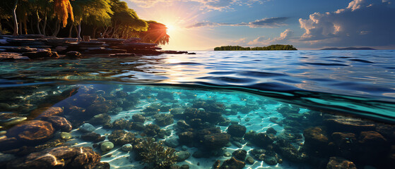 Maldives seashore sunset, blue bioluminescent water.