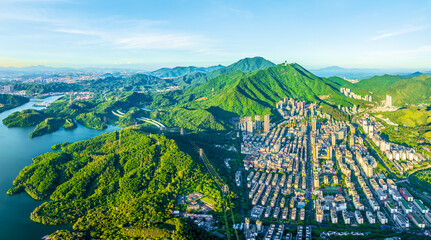 Aerial view of mountain and city skyline landscape in Shenzhen