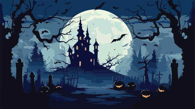An illustrated image of a haunted house silhouetted