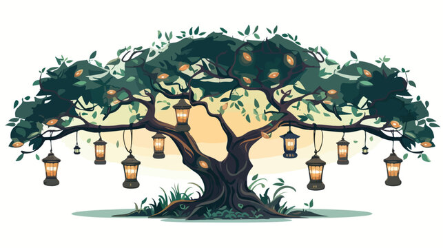 Ancient Tree with Lanterns Flat vector isolated