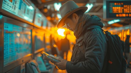 Man in hat looking at phone in front of train station, waiting for arrival, transportation and technology concept