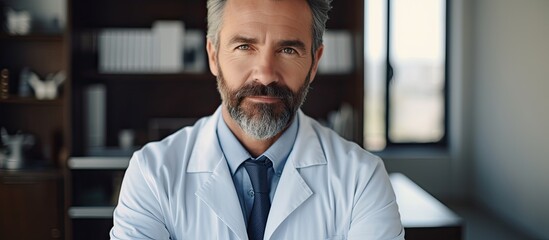Obraz premium A professional man in a lab coat and tie is standing confidently in a room filled with scientific equipment