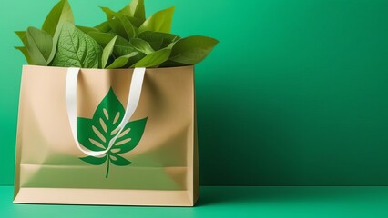 A brown craft bag with a green leaf on it. The bag is made of paper and has a green leaves. Ecology theme. Eco-friendly dishes.