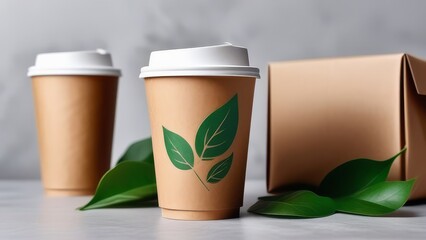 Fototapeta premium Two paper cups with lids on a table with green leaves. Ecology theme. Eco-friendly dishes.