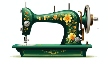 Antique Green Floral Sewing Machine Flat vector isolated
