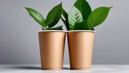 Two paper cups with lids on a table with green leaves. Ecology theme. Eco-friendly dishes.