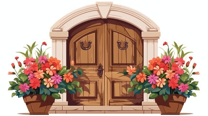 Fototapeta na wymiar Antique Wooden Front Door with Flowers Flat vector is