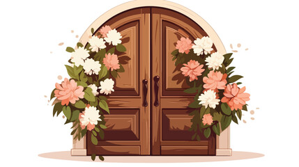 Antique Wooden Front Door with Flowers Flat vector is