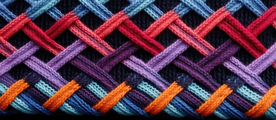 An intricate knitted pattern in shades of purple, violet, magenta, and electric blue on a black...