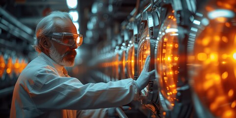 A fusion reactor experiment in a laboratory setting, with scientists monitoring the data controller - obrazy, fototapety, plakaty
