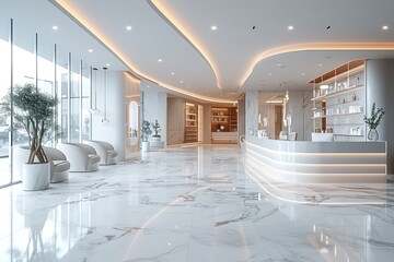 A beauty salon headquarters office with a modern interior design of the retail and lobby area