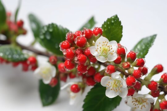 A close-up of a blooming cotoneaster flower isolated on a white background. Selective focus.