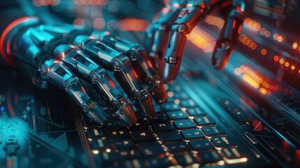 Futuristic background with artificial intelligence. Close-up shot of an employee's computer screen with employee typing complex password on keyboard. Banner.