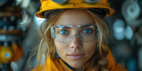 Portrait of a female engineer wearing a hard hat and safety glasses in an industrial setting