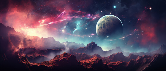 Alien fantasy background, giant planets in background. - obrazy, fototapety, plakaty