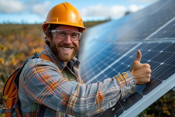 Smart happy Electric Engineer putting thumbs up, look at camera a new solar panel in the field is background