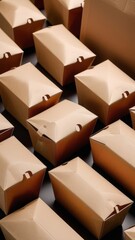 A row of cardboard boxes with a brown color. The boxes are stacked on top of each other. Ecology theme. Eco-friendly dishes.