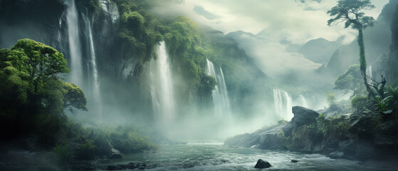 Misty waterfall abstract background. - obrazy, fototapety, plakaty