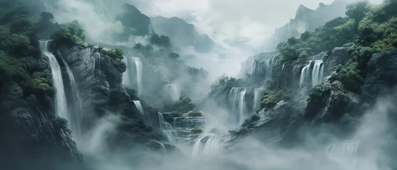 Papier peint photo autocollant rond Gris foncé Misty waterfall abstract background.