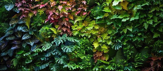 A close up of a lush green wall covered with a variety of terrestrial plants, including trees,...
