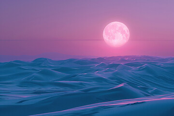 3D fantasy illustration of a full pink moon on a pink sky, rising above blue sand dunes or sea waves. 